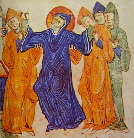 Riproduzione di una miniatura del Sec. XI raffigurante la morte di Benedetto